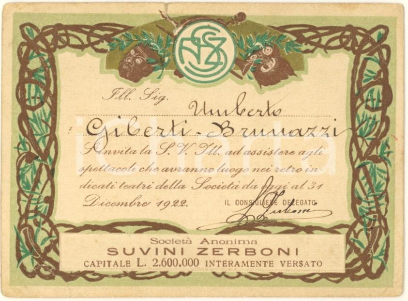 Oggetto da collezione cartaceo 1922 MILANO TEATRO Invito società SUVINIZERBONI per spettacoli 1