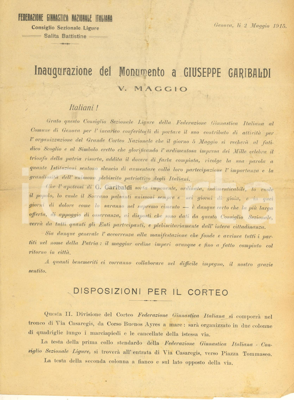 Documento originale, autentico 1915 GENOVA Federazione Ginnastica  Inaugurazione monumento Garibaldi PROGRAMMA 1