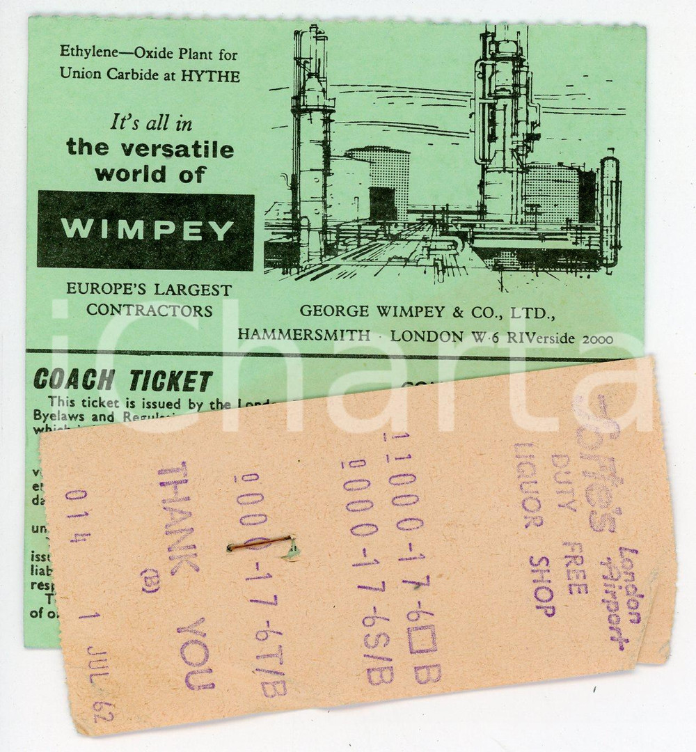 Oggetto da collezione cartaceo 1962 LTE London Transport Executive  Coach ticket to town terminal to airport 1