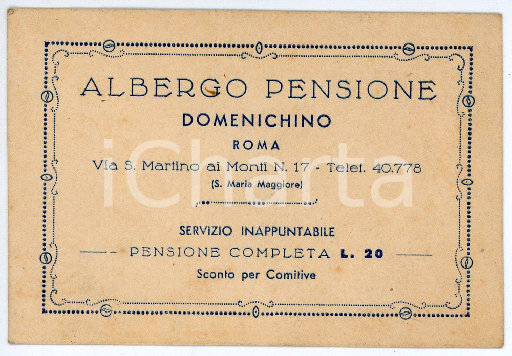 Oggetto da collezione cartaceo 1930 ca ROMA Via San Martino ai monti 17 Albergo pensione DOMENICHINO Biglietto 1