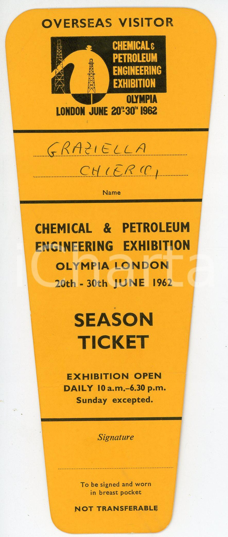 Oggetto da collezione cartaceo 1962 LONDON  OLYMPIA Chemical and petroleum engineering exhibition  Ticket 2 1