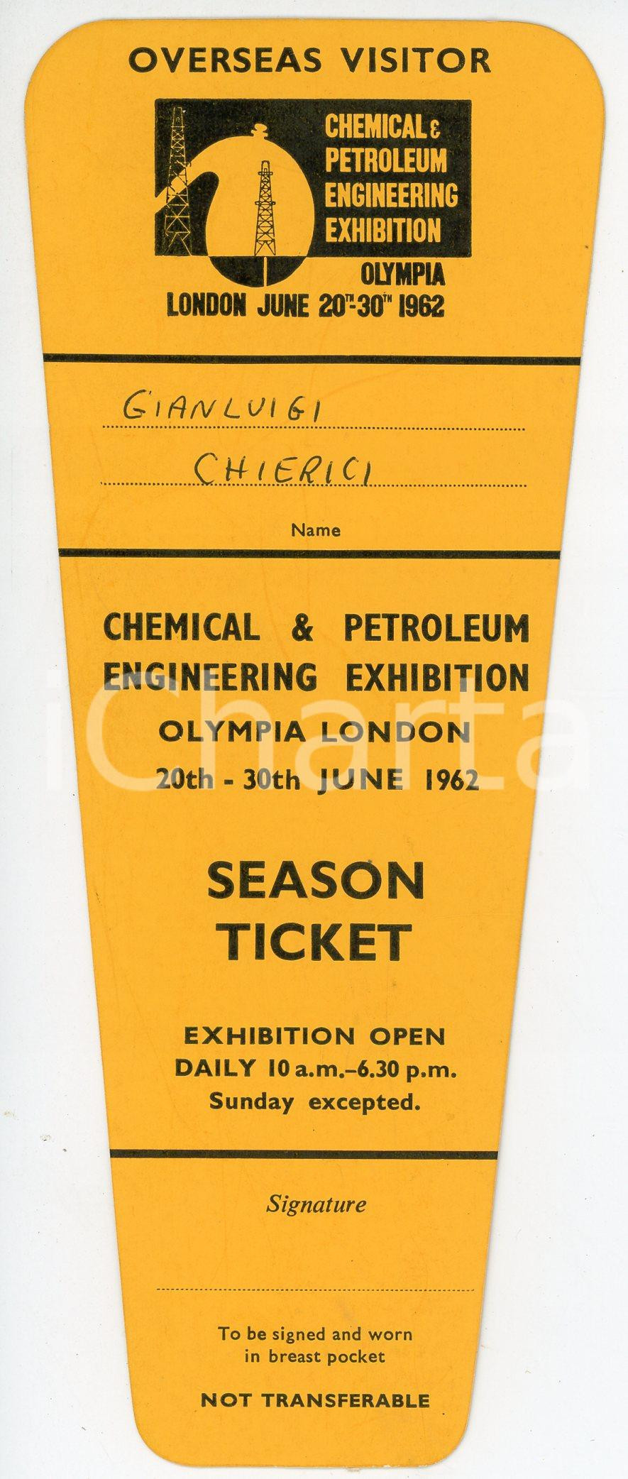 Oggetto da collezione cartaceo 1962 LONDON  OLYMPIA Chemical and petroleum engineering exhibition  Ticket 1 1