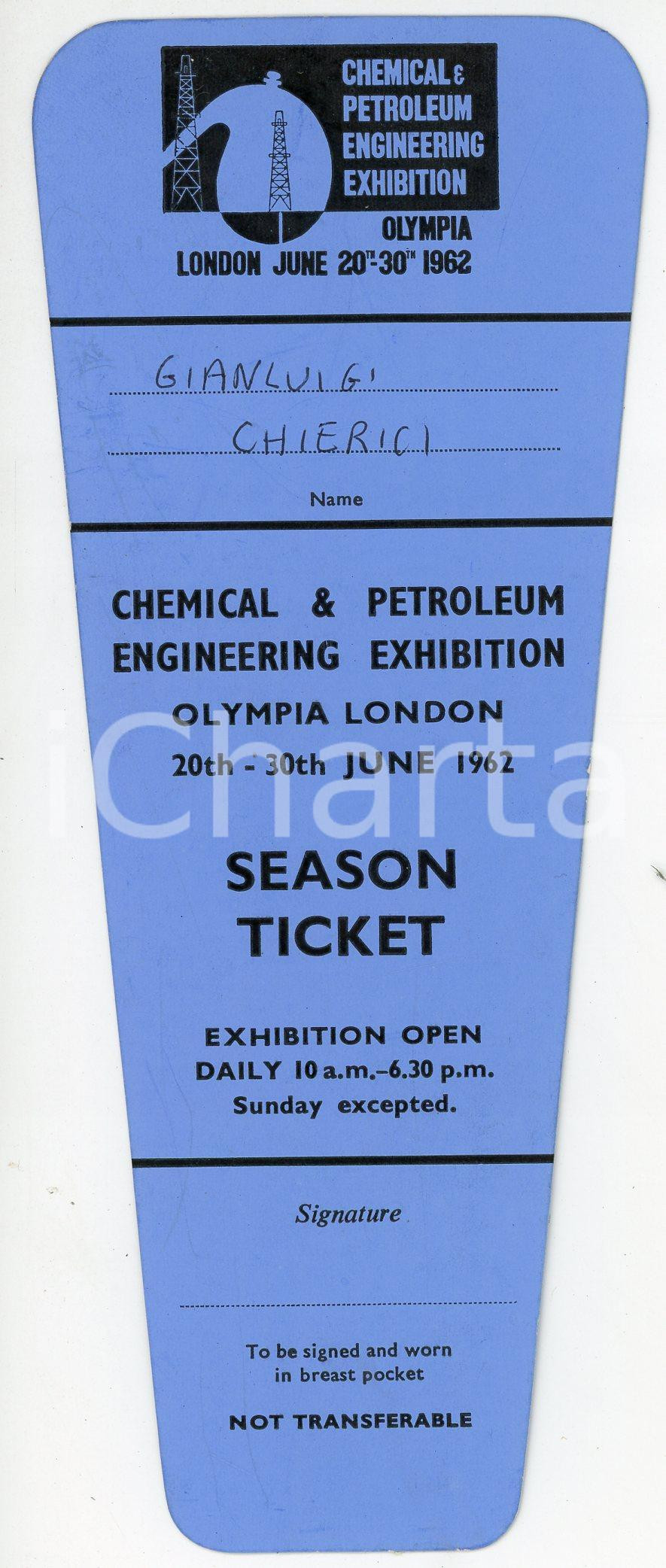 Oggetto da collezione cartaceo 1962 LONDON  OLYMPIA Chemical and petroleum engineering exhibition  Ticket 1