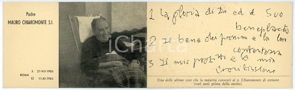 Oggetto da collezione cartaceo 1965 ROMA In memoria di Padre Mauro CHIAROMONTE Santino con foto 11x7 cm 1