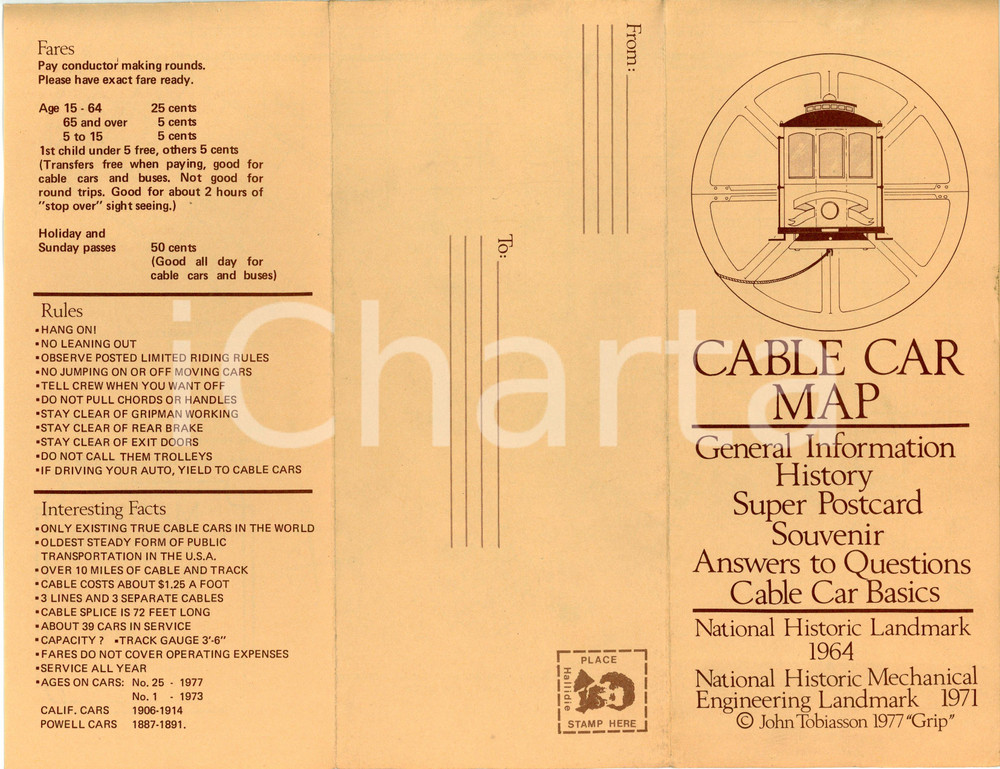 Materiale pubblicitario d’epoca 1977 SAN FRANCISCO Cable car map by John TOBIASSON Pieghevole 9x21 cm 1