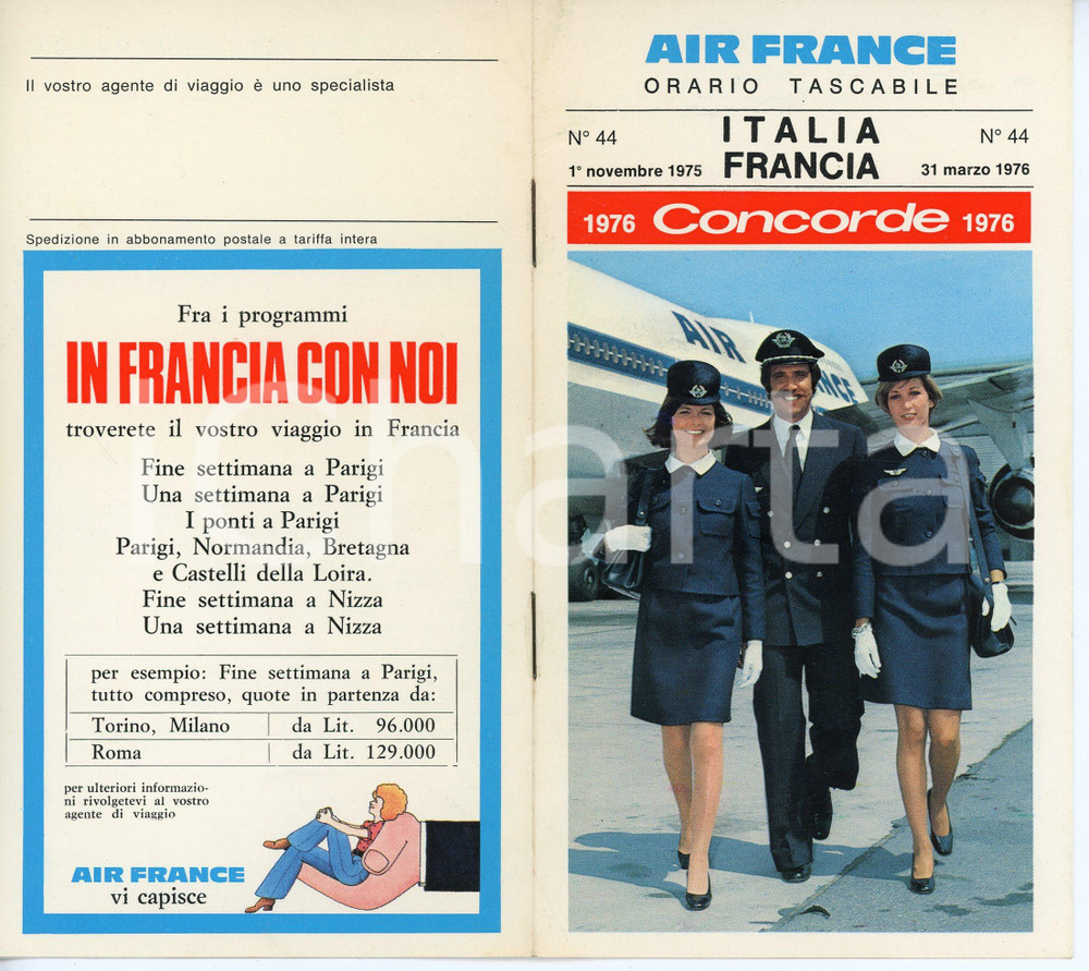 Materiale pubblicitario d’epoca 197576 AIR FRANCE  CONCORDE Orario tascabile voli ITALIA  FRANCIA 1