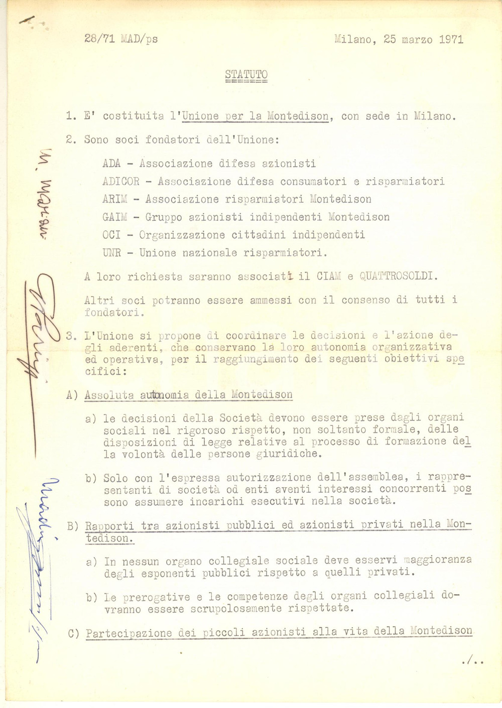 Documento originale, autentico 1971 MILANO Unione per la Montedison  Statuto e soci fondatori RARO 3 pp. 1