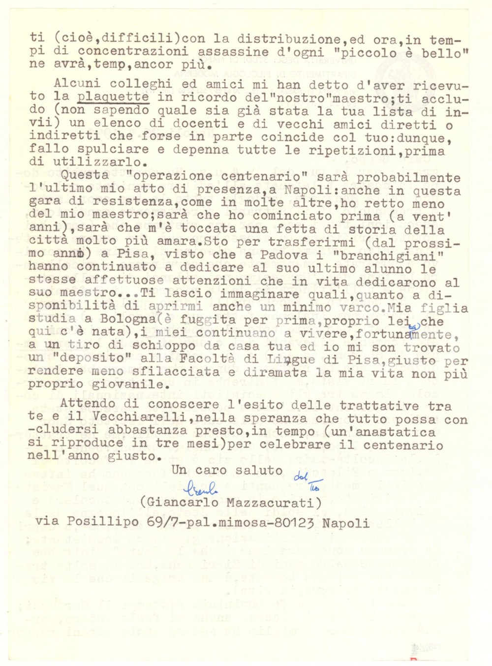 Autografo originale 1991 Università di NAPOLI Lettera Giancarlo MAZZACURATI per ristampa Autografo 1