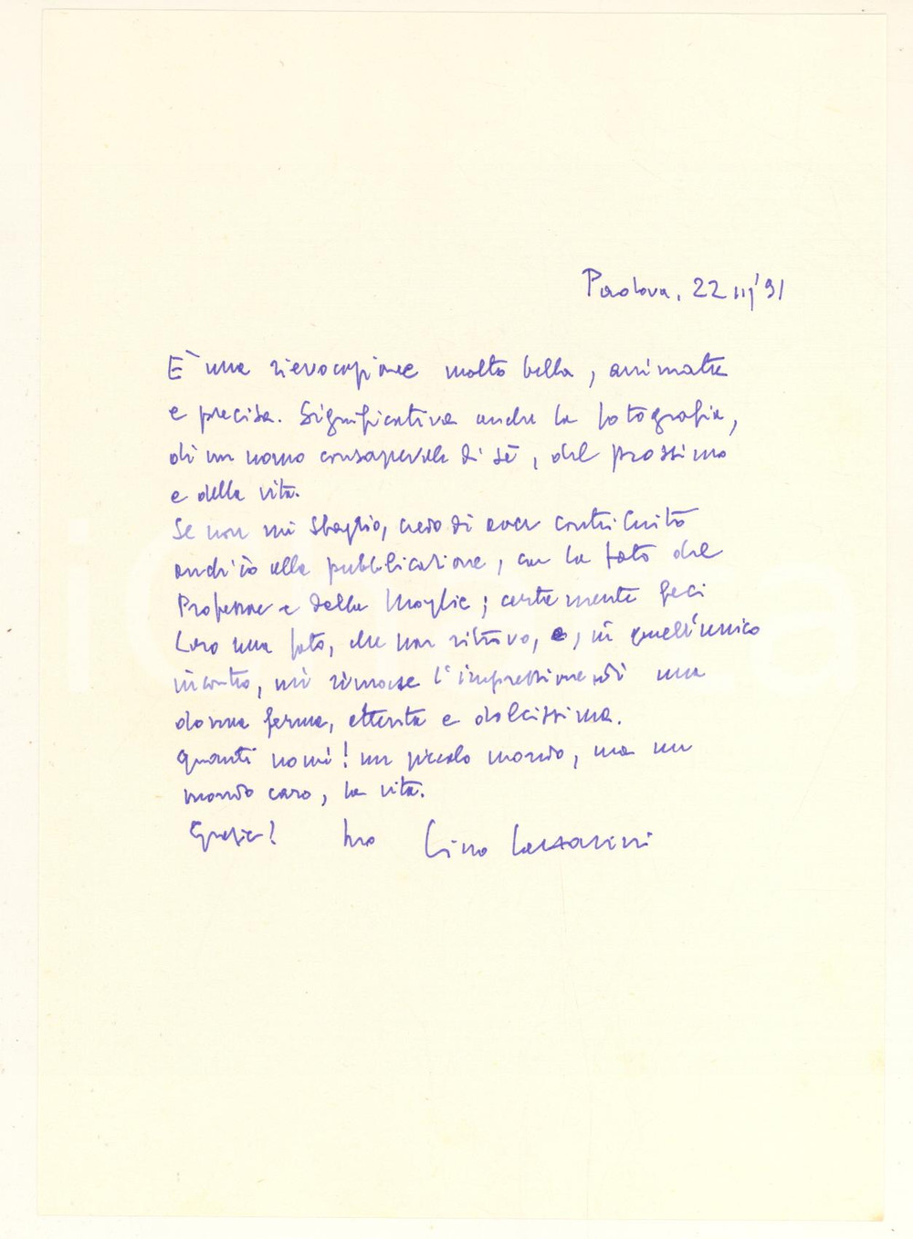 Autografo originale 1991 PADOVA Lettera prof. Lino LAZZARINI per opera commemorativa AUTOGRAFO 1