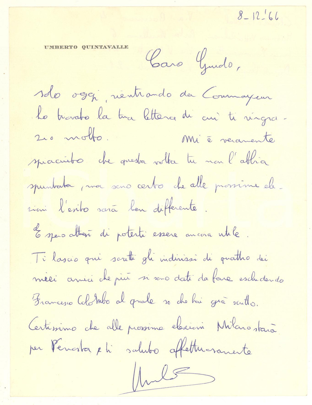 Autografo originale 1964 MILANO Lettera Umberto QUINTAVALLE a un amico candidato Autografo 1