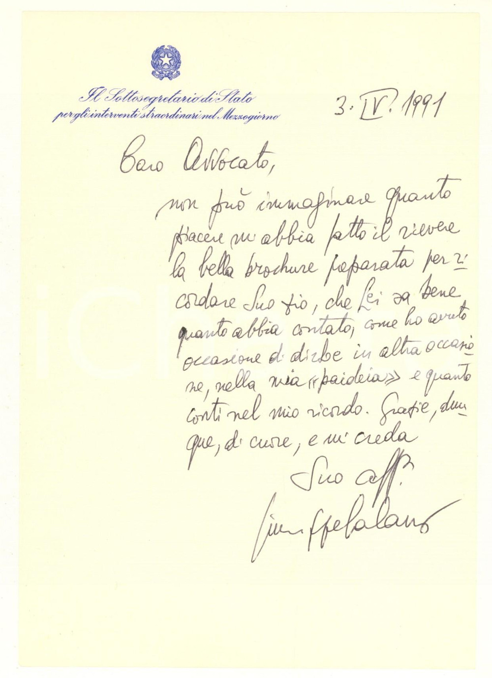 Autografo originale 1991 ROMA Lettera Giuseppe GALASSO sottosegretario  Ringraziamento Autografo 1