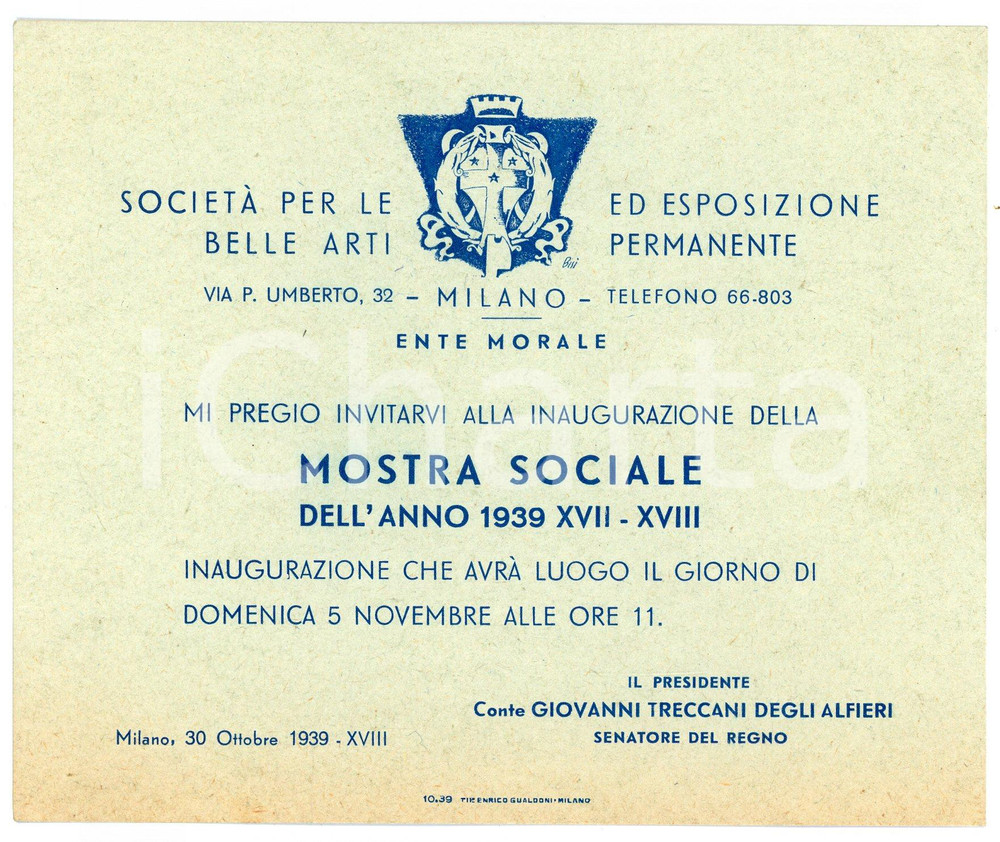 Oggetto da collezione cartaceo 1939 MILANO Società Belle Arti e Mostra Permanente  Invito alla mostra sociale 1