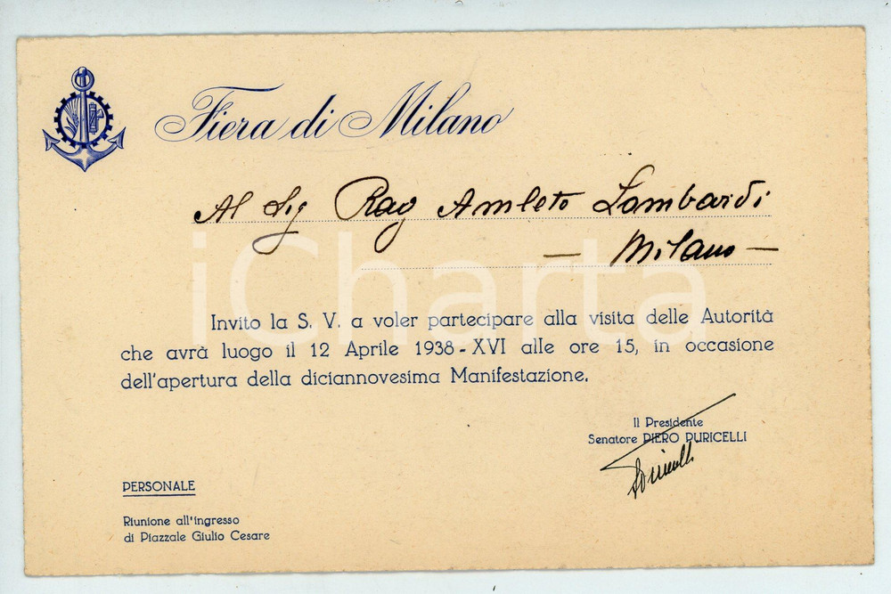 Oggetto da collezione cartaceo 1938  XIX FIERA DI MILANO Invito alla visita delle autorità  15x10 cm 1