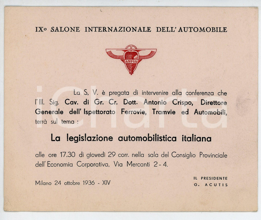 Oggetto da collezione cartaceo 1936 MILANO IX Salone dell automobile  Conferenza Dott. Antonio CRISPO Invito 1