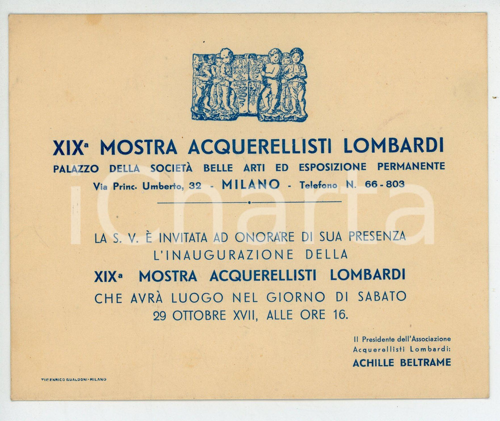 Oggetto da collezione cartaceo 1938 MILANO Società Belle Arti  XIX Mostra acquerellisti lombardi  Invito 1