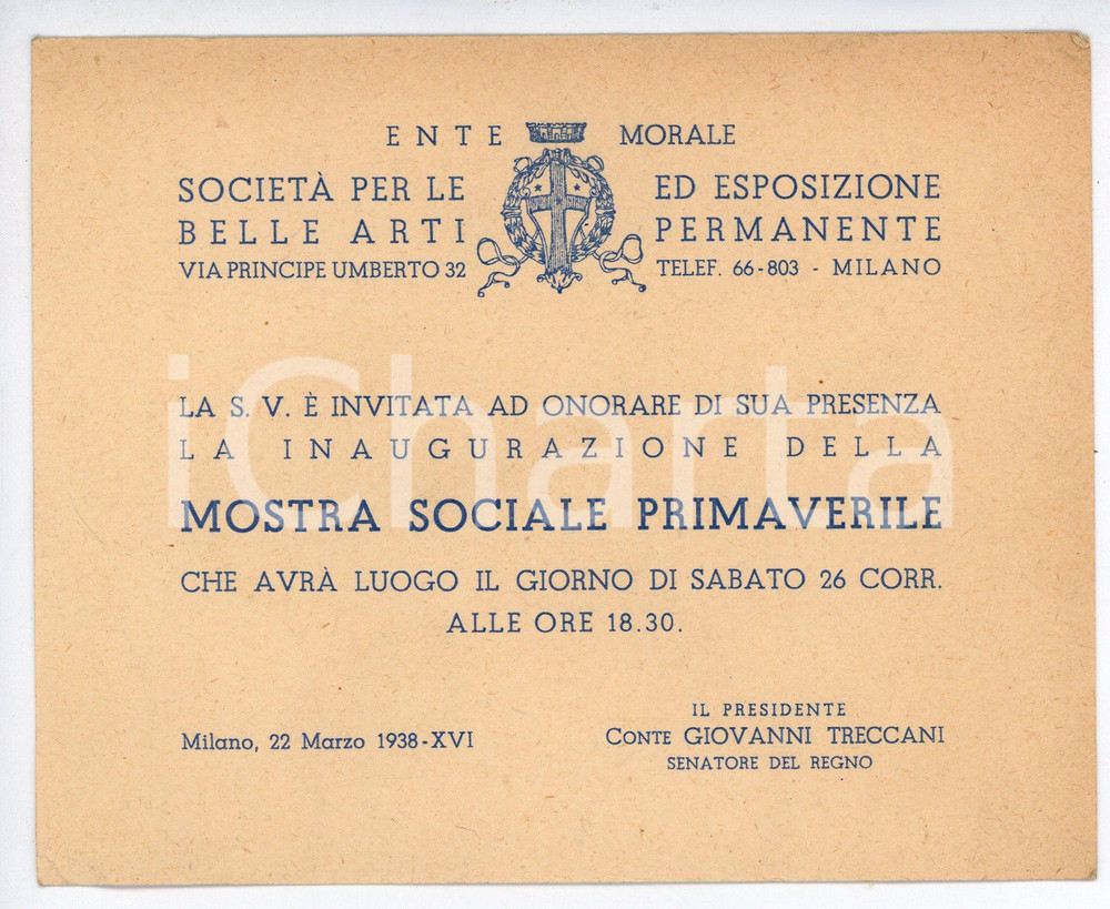 Oggetto da collezione cartaceo 1938 MILANO Società Belle Arti  Mostra sociale primaverile  Invito 15x12 cm 1