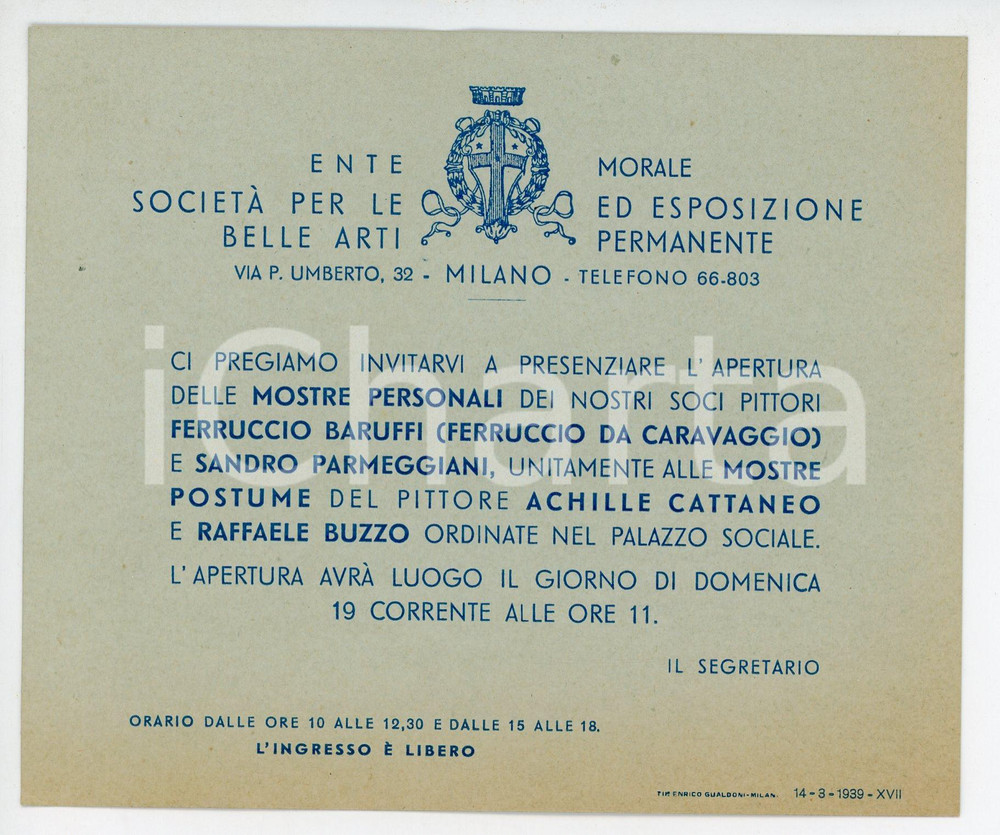 Oggetto da collezione cartaceo 1939 MILANO Mostre Ferruccio BARUFFI Sandro PARMEGGIANI Achille CATTANEO Invito 1
