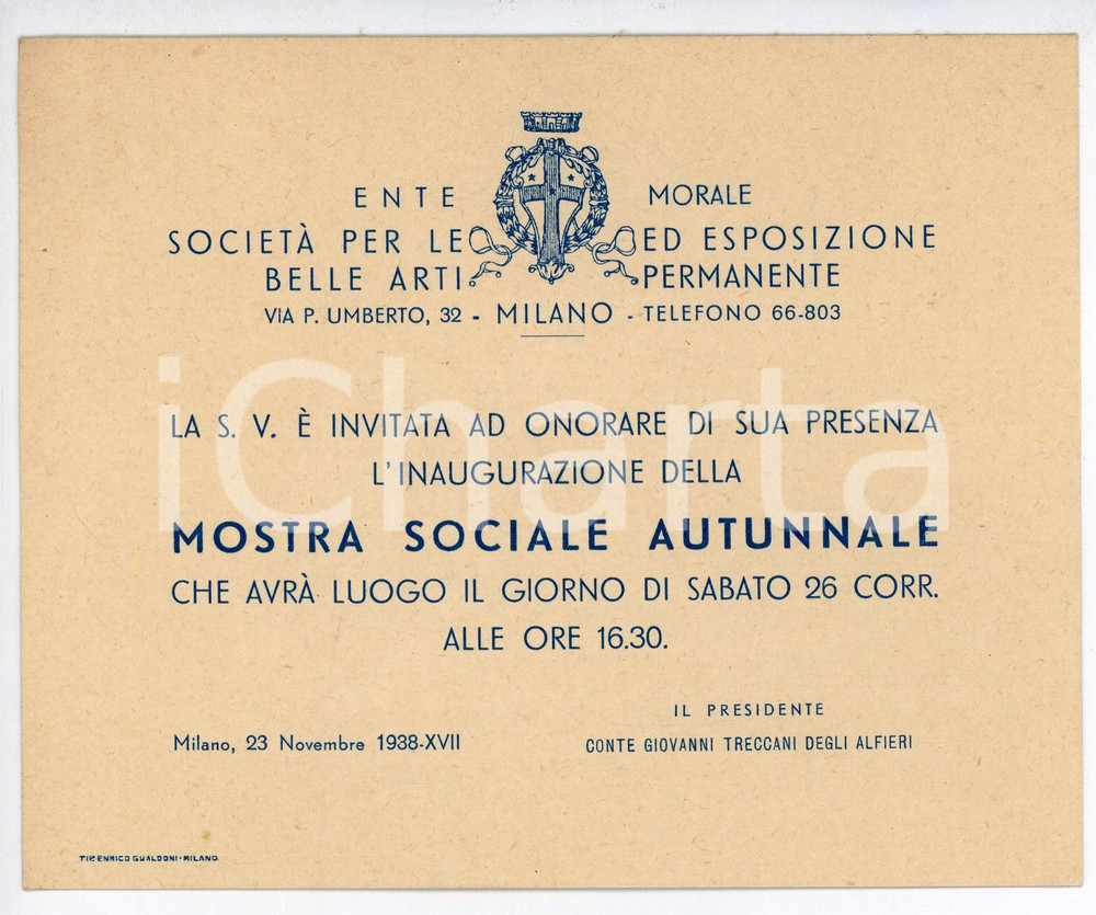 Oggetto da collezione cartaceo 1938 MILANO Società Belle Arti  Mostra sociale autunnale  Invito 15x12 cm 1