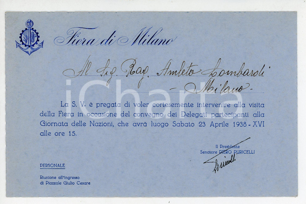 Oggetto da collezione cartaceo 1938  XIX FIERA DI MILANO Giornata delle Nazioni  Invito al convegno delegati 1