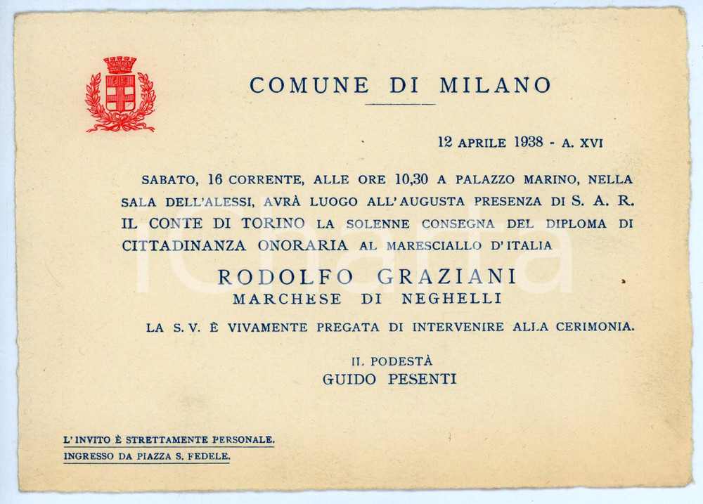 Oggetto da collezione cartaceo 1938 COMUNE DI MILANO Cittadinanza onoraria a Rodolfo GRAZIANI Invito 17x12 cm 1