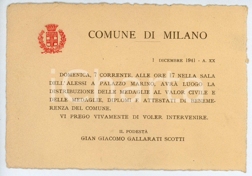 Oggetto da collezione cartaceo 1941 COMUNE DI MILANO  SANT AMBROGIO Consegna medaglie al valore civile Invito 1
