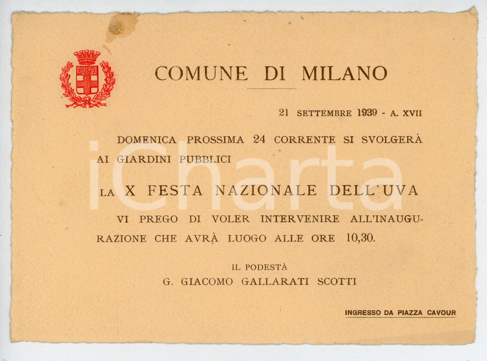 Oggetto da collezione cartaceo 1939 COMUNE DI MILANO  X Festa nazionale dell uva  Invito 17x12 cm 1