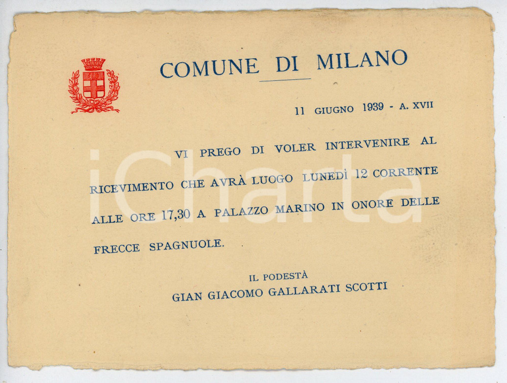 Oggetto da collezione cartaceo 1939 COMUNE DI MILANO Palazzo Marino  Ricevimento FRECCE SPAGNOLE Invito 1