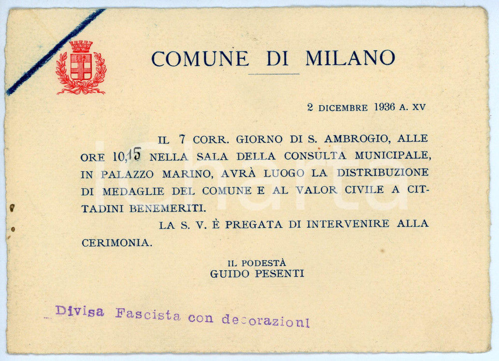 Oggetto da collezione cartaceo 1936 COMUNE DI MILANO  SANT AMBROGIO Consegna medaglie al valore civile Invito 1