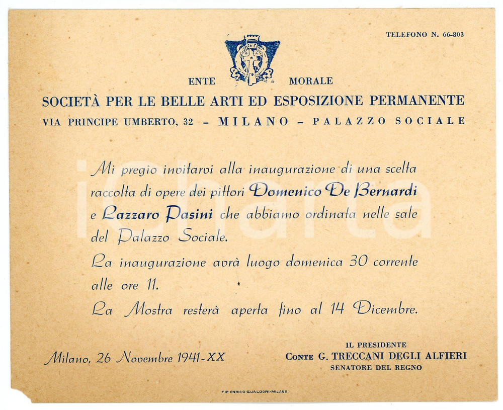 Oggetto da collezione cartaceo 1941 MILANO Società Belle Arti Mostra Domenico DE BERNARDI Lazzaro PASINI Invito 1