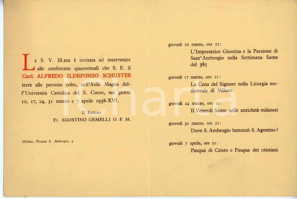 Oggetto da collezione cartaceo 1938 MILANO Università Cattolica  Conferenze quaresimali di Ildefonso SCHUSTER 1