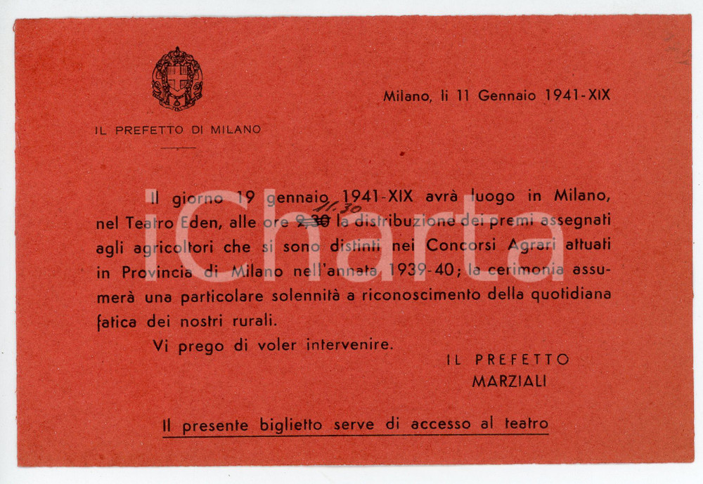 Oggetto da collezione cartaceo 1941 PREFETTO DI MILANO Invito consegna premi dei Concorsi Agrari al Teatro Eden 1
