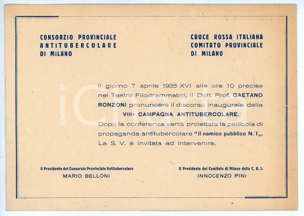 Oggetto da collezione cartaceo 1933 MILANO Consorzio antitubercolare CRI Discordo di Gaetano RONZONI Invito 1