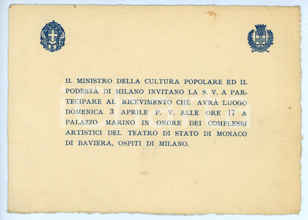 Oggetto da collezione cartaceo 1935 ca COMUNE DI MILANO  MINCULPOP Invito ricevimento Teatro MONACO DI BAVIERA 1