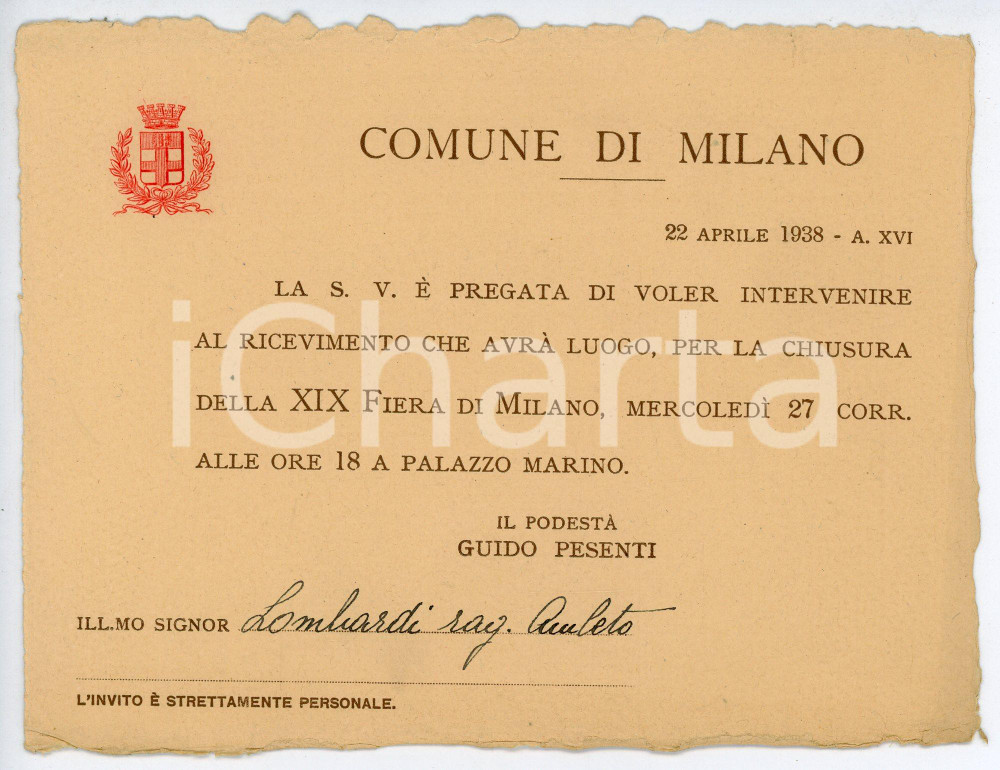 Oggetto da collezione cartaceo 1938 COMUNE DI MILANO Ricevimento chiusura XIX Fiera di Milano  Invito 1