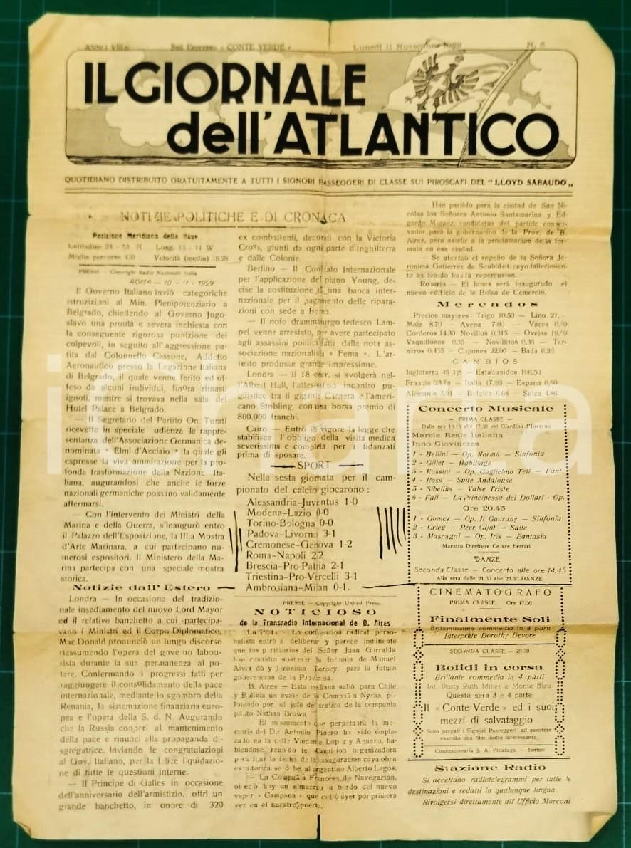 Giornale, rivista storica 1929 GIORNALE DELL ATLANTICO Sud Espresso CONTE VERDE Quotidiano LLOYD SABAUDO 1