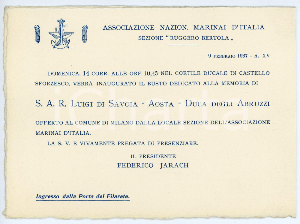 Oggetto da collezione cartaceo 1937 MILANO Marinai d Italia  Inaugurazione busto Luigi di SAVOIA AOSTA Invito 1