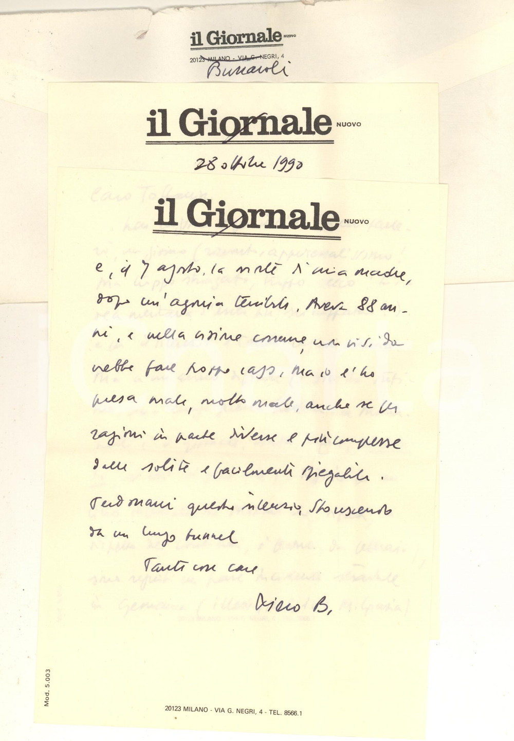 Autografo originale 1990 BOLOGNA Lettera Piero BUSCAROLI  Guerra fredda con Montanelli Autografo 1