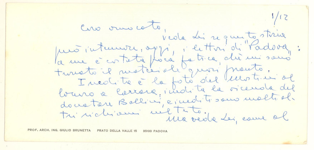 Autografo originale 1975 ca Arch. Giulio BRUNETTA  Proposta per i lettori di Padova Autografo 1