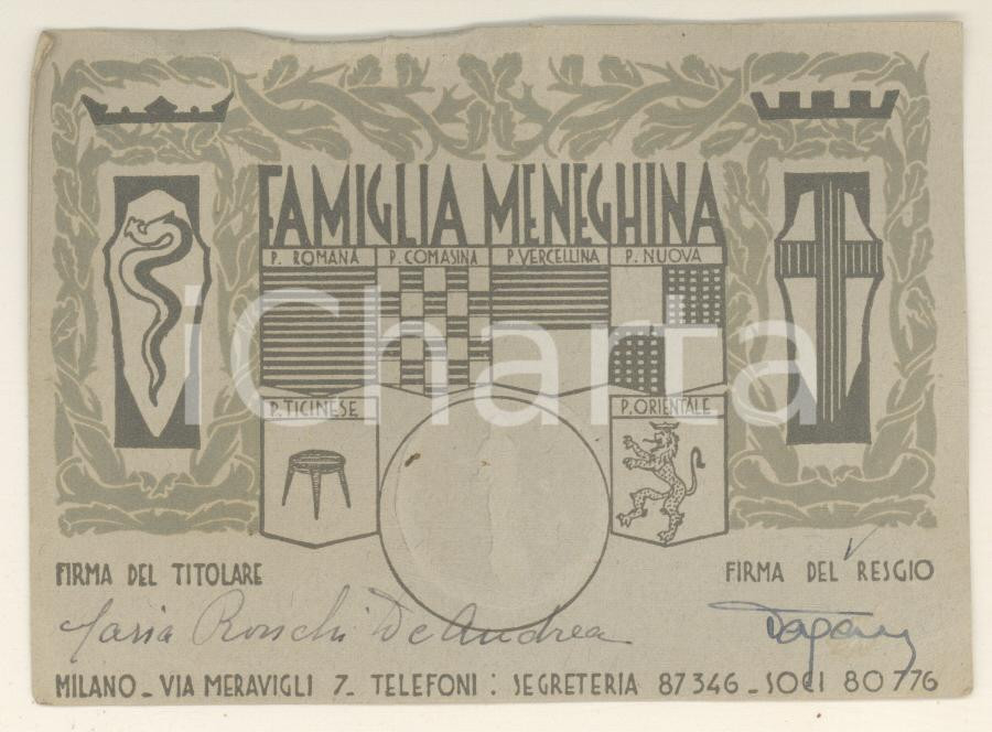 Oggetto da collezione cartaceo 1949 MILANO  FAMIGLIA MENEGHINA  Tessera di frequenza con vera foto 1