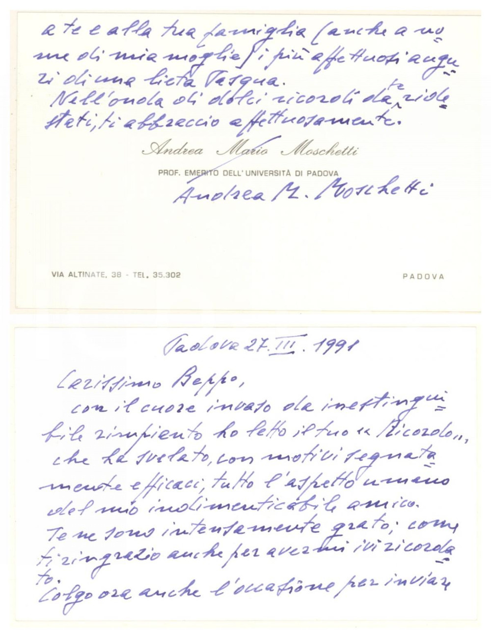 Autografo originale 1991 PADOVA Biglietto prof. Andrea Mario MOSCHETTI ringraziamento AUTOGRAFO 1