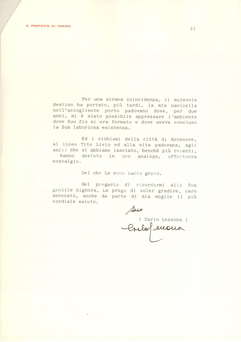 Autografo originale 1991 TORINO Prefetto Carlo LESSONA  Ringraziamenti per un libro Autografo 1