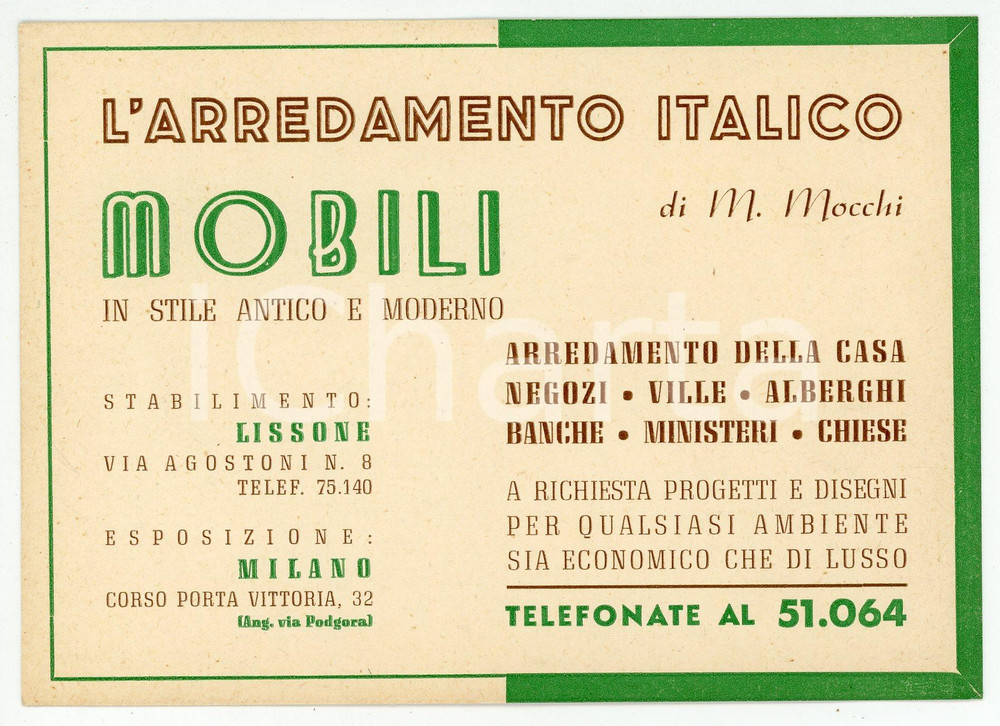 Materiale pubblicitario d’epoca 1940 ca LISSONE Via Agostoni 8 Arredamento italico M. MOCCHI Biglietto da visita 1
