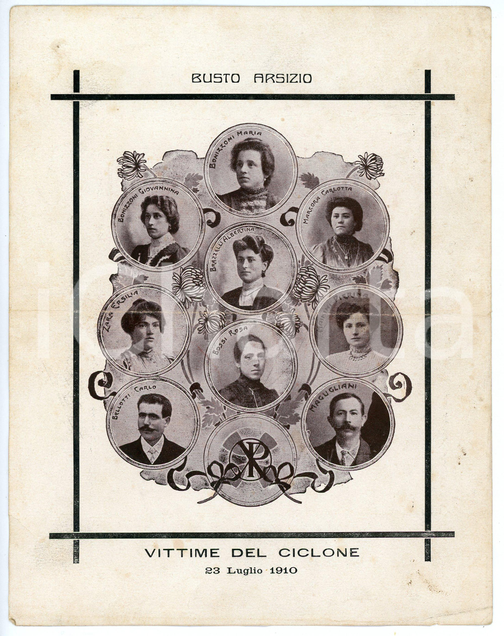 Documento originale, autentico 23 luglio 1910 BUSTO ARSIZIO Le vittime del ciclone  Volantino 17x22 cm 1