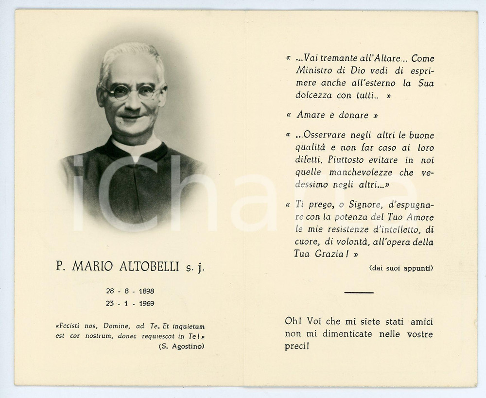 Oggetto da collezione cartaceo 1969 MILANO In memoria di Padre Mario ALTOBELLI Gesuita  Santino con foto 1