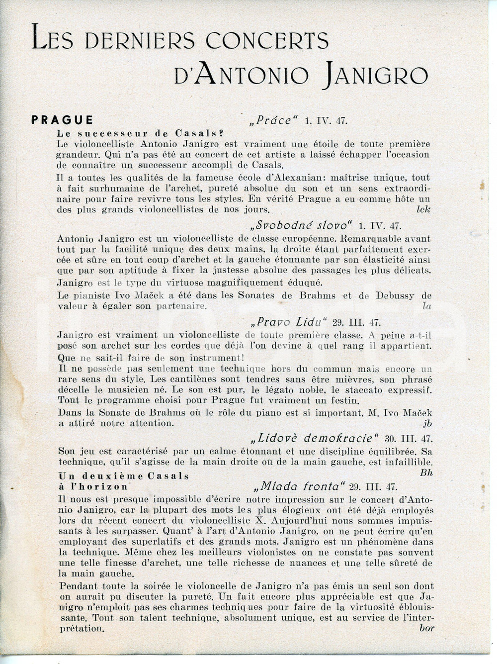 Materiale pubblicitario d’epoca 1950 ca FRANCE Derniers concerts d Antonio JANIGRO Pieghevole 1