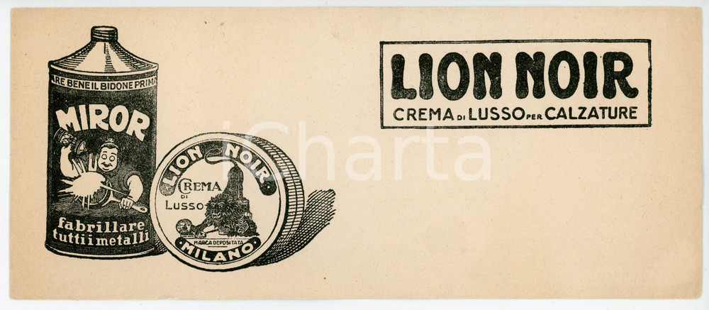 Materiale pubblicitario d’epoca 1900 ca MILANO  LION NOIR Crema di lusso per calzature  Carta assorbente 1