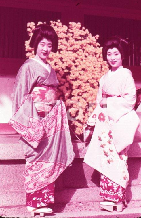 Fotografia d epoca originale 1970ca KYOTO JP Geisha girls at Heian Shrine 35mm VINTAGE SLIDE 1