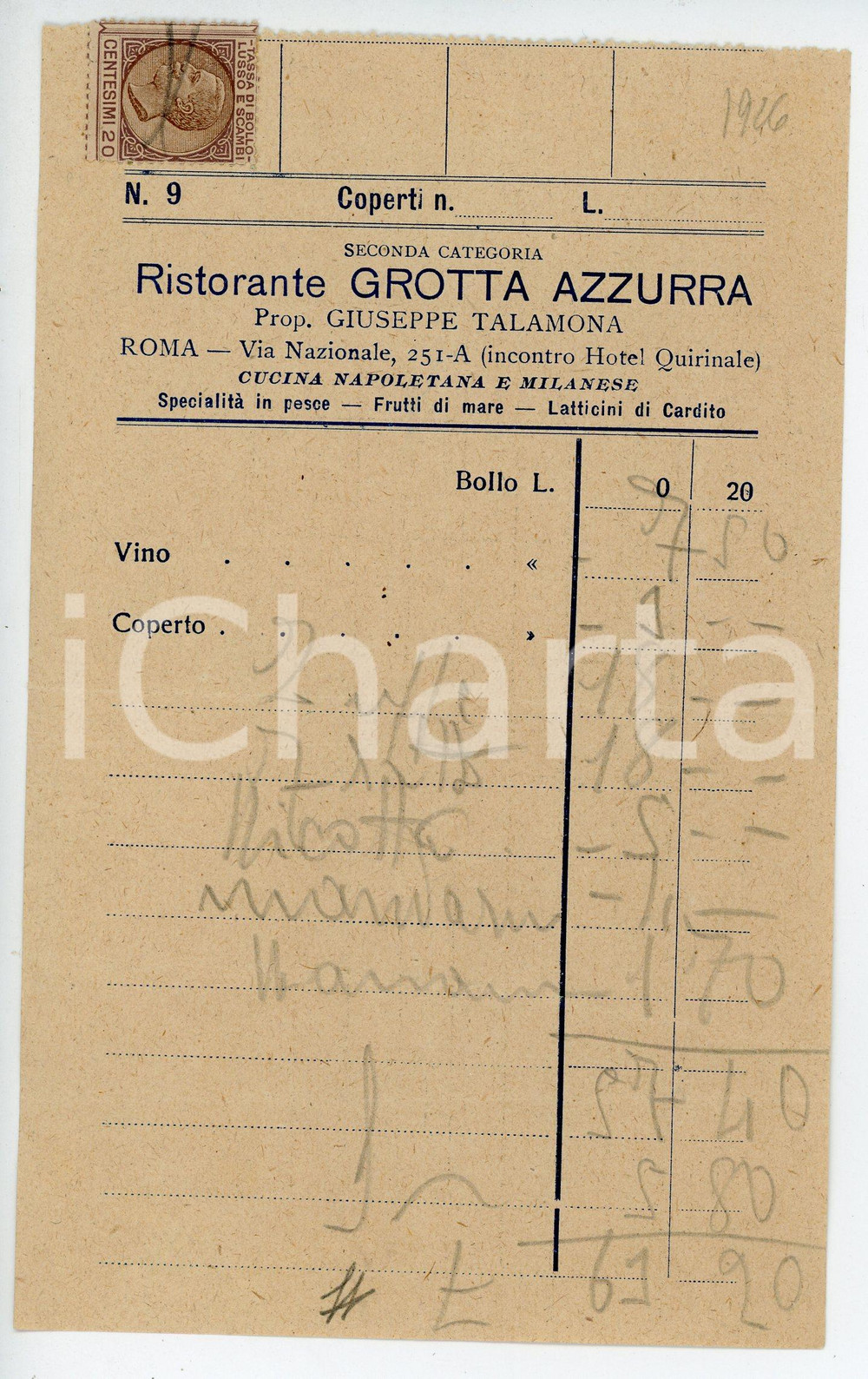 Documento originale, autentico 1946 ROMA Via Nazionale 251 Ristorante GROTTA AZZURRA Giuseppe TALAMONA Ricevuta 1