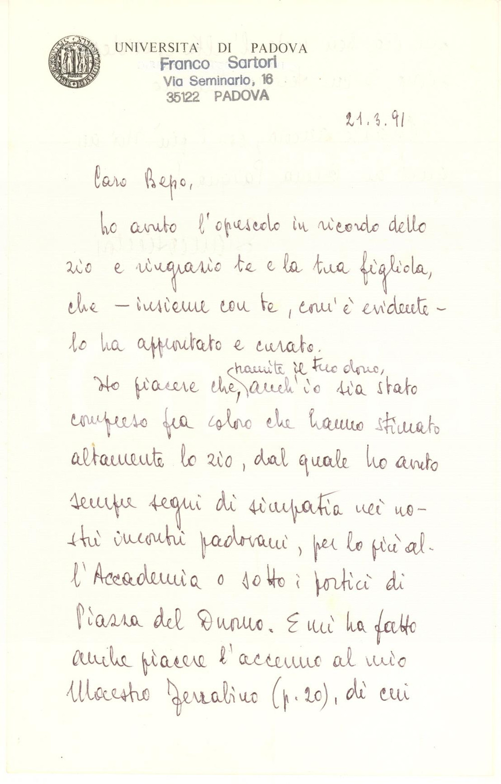 Autografo originale 1991 Università di PADOVA  Lettera Franco SARTORI per ringraziamento Autografo 1