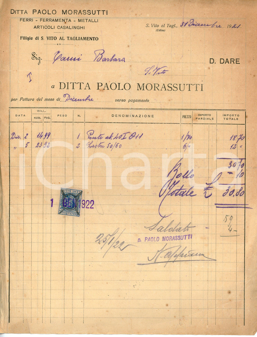 Documento originale, autentico 1921 SAN VITO AL TAGLIAMENTO Ditta Paolo MORASSUTTI Ferramenta  Fattura 1